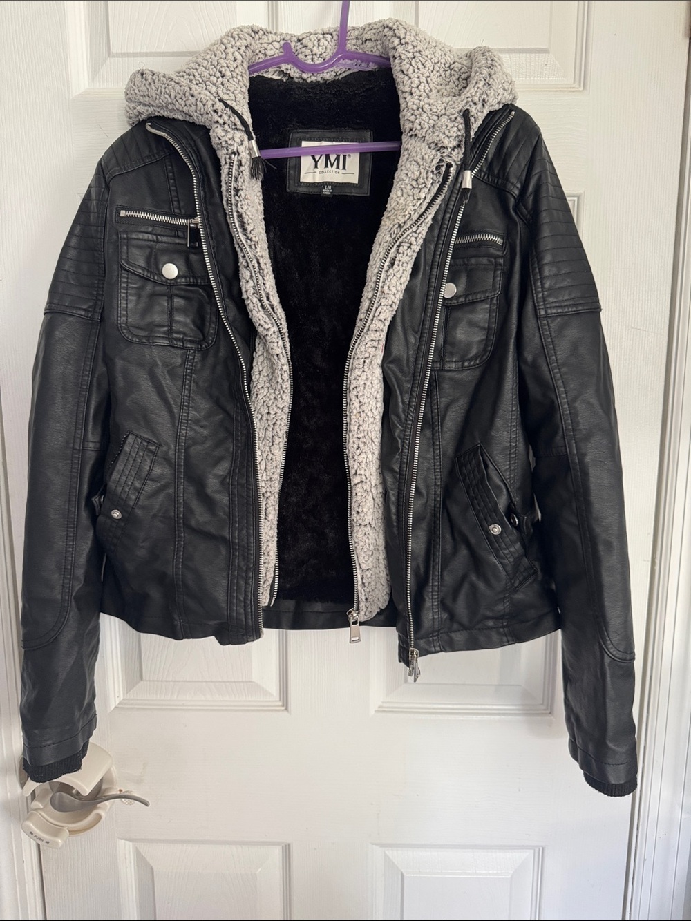 YMI Women’s Motto Pleather Jacket with Fur Lining and Hood - EUC!!!